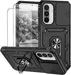 Capa para Samsung Galaxy A56 e A36 Capinha | com 2 peças de protetor de tela temperado com janela deslizante da câmera e suporte para telefone incluídos - Preto