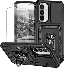 Capa para Samsung Galaxy A56 e A36 Capinha | com 2 peças de protetor de tela temperado com janela deslizante da câmera e suporte para telefone incluídos - Preto