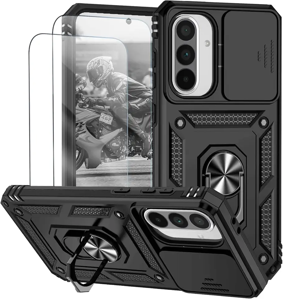 Capa para Samsung Galaxy A56 e A36 Capinha | com 2 peças de protetor de tela temperado com janela deslizante da câmera e suporte para telefone incluídos - Preto