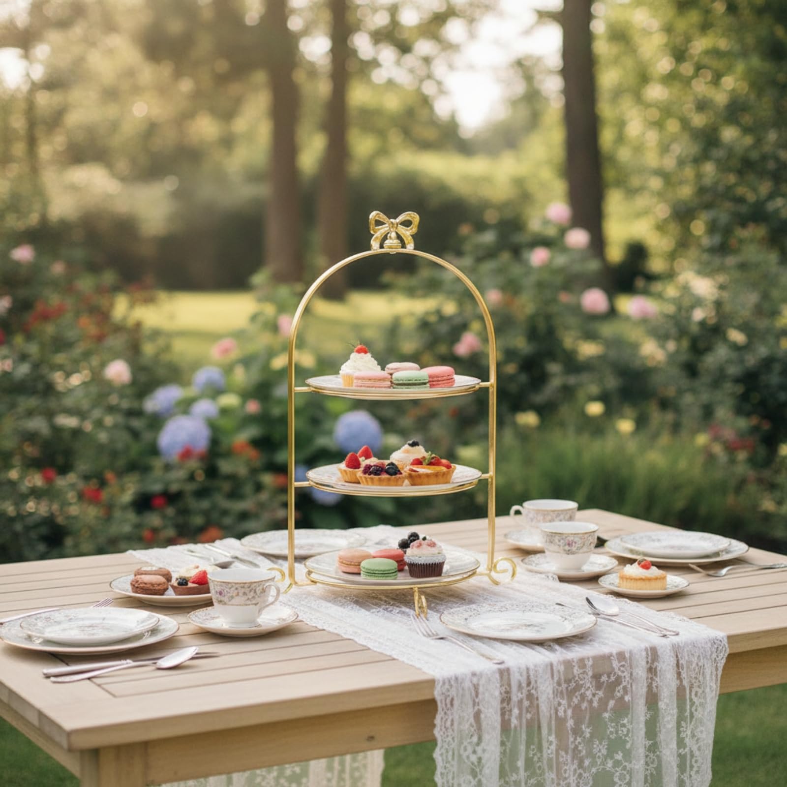 Alzata per Dolci Stand Dessert Espositore Vassoio Centrotavola in Metallo con Tre Ripiani Rotondi Arco Elegante E Piedini Ricurvi Adatta per Buffet Caffè Ricevimenti , Oro , 25 Cm