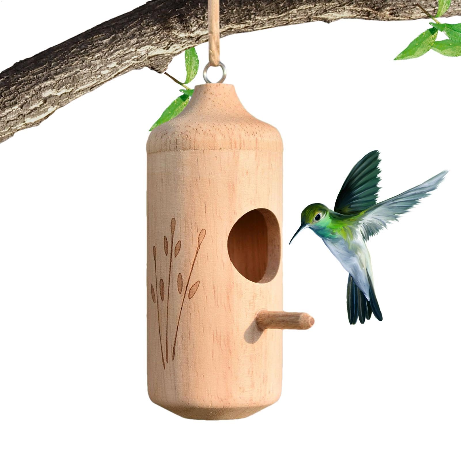 Abri en Bois pour colibris avec Corde, Maison pour Oiseaux en Plein air | Mangeoire compacte pour Oiseaux et boîte | Habitat de Colibri de Jardin, décoration Naturelle pour la Cour arrière