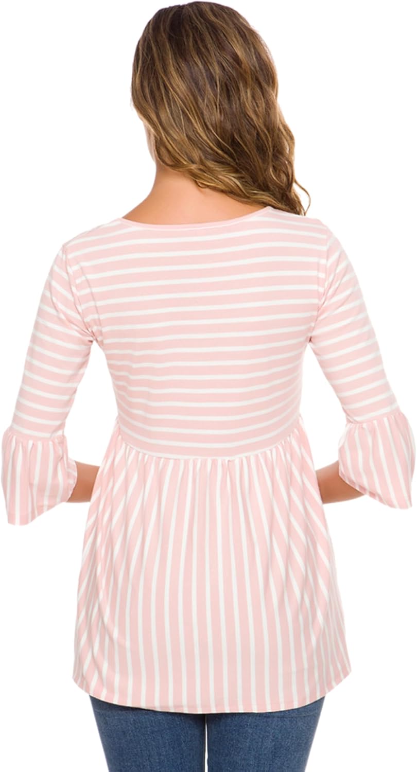 Ecavus Womens Casual Maternity Tops Striped Peplum 3/4 Ruffle Sleeve Shirt Ultra Soft Pregnancy Clothing - Image 4