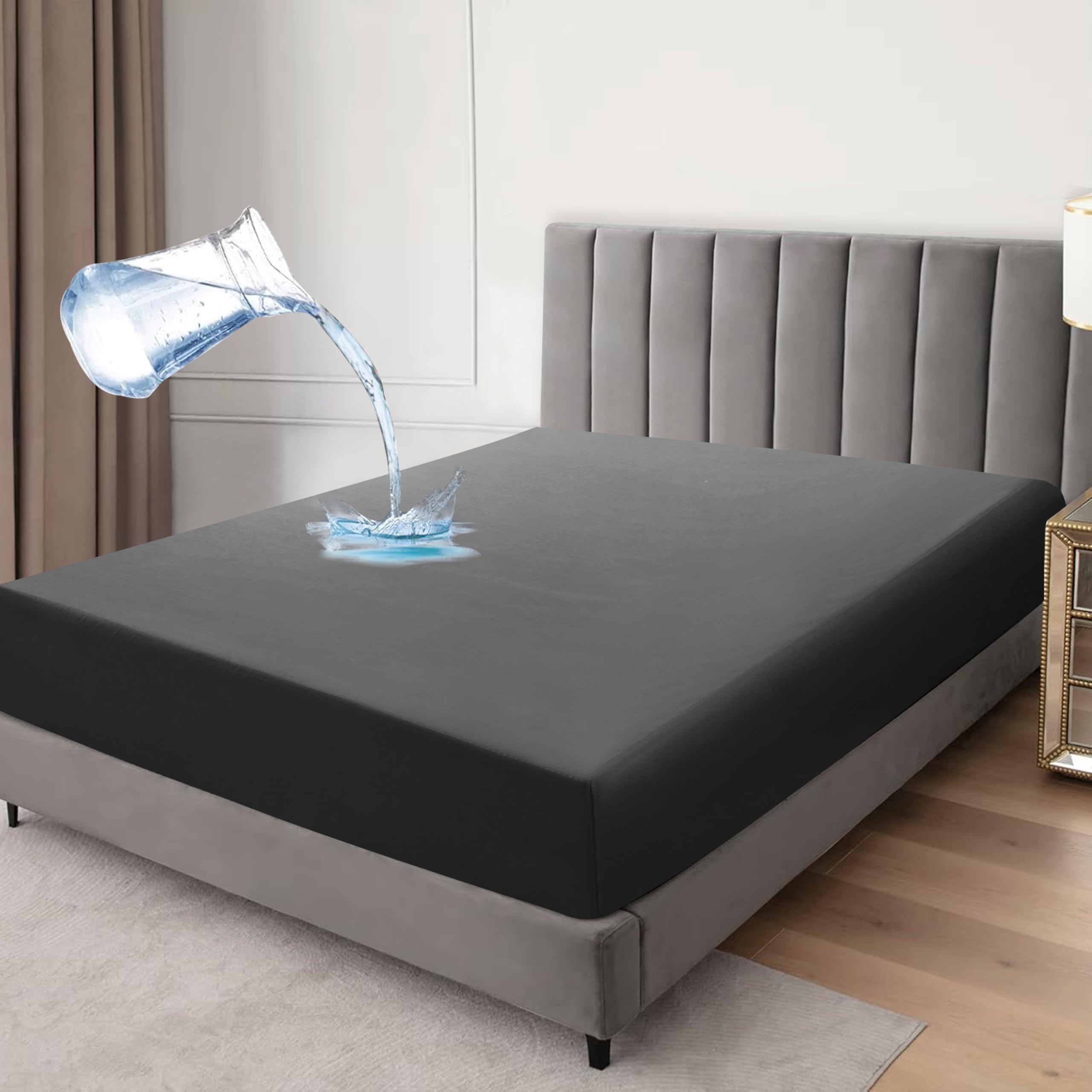 Waterproof Fitted Sheet Mattress Protector, Microfiber, Breathable Crinkle Free Deep Pocket 30cm Single Double King Super King (Charcoal, Double) โ image 1
