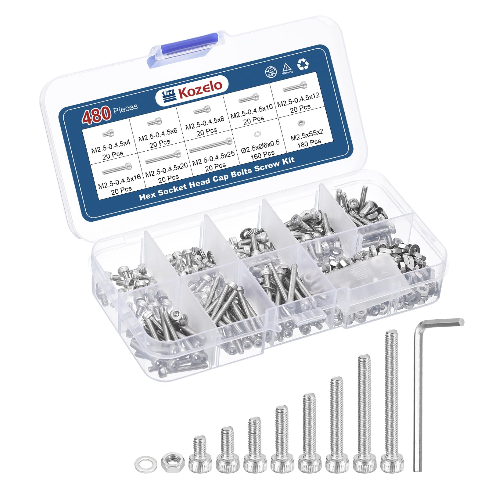 Kozelo 480pcs M2.5 Socket Head Cap Screws Bolts Nuts Assortment Kit