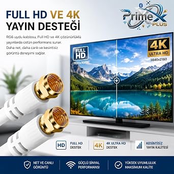 PrimeX Plus PX-TV1 1 Meter RG6 Full HD TV Satellite Cable, Gold end Antenna Cable, DVB-T, DVB-C, DVB-S, DVB-S2 White