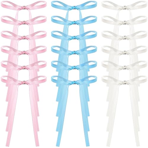 18 pinzas para el cabello con lazo rosa de 3.93 pulgadas, lazos blancos y azules, pasadores con cintas largas, parrillas para San Valentín,