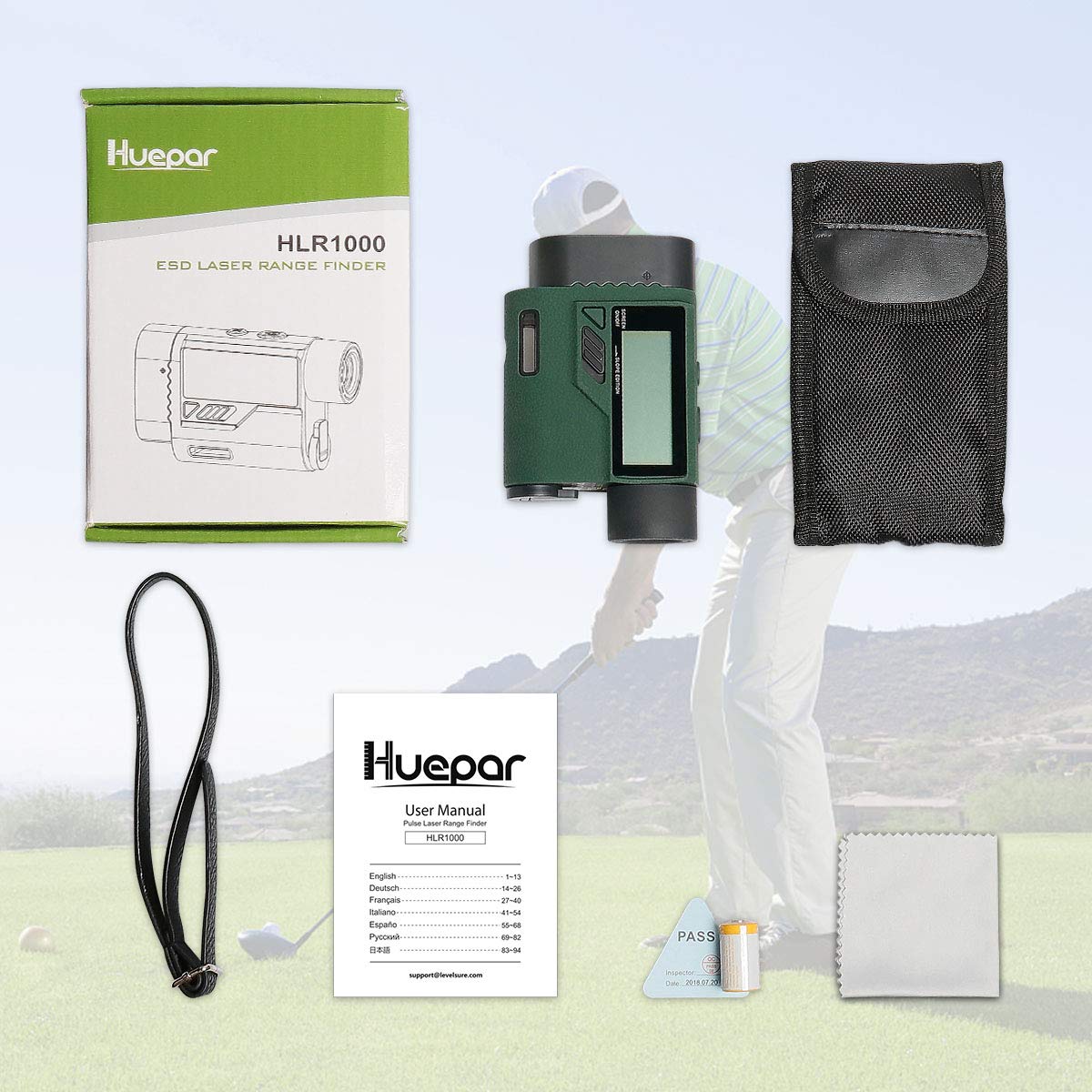 Huepar HLR1000 Pro Telémetro de golf 1100 yardas - 6X Buscador de alcance láser con trayectoria/Flagpole Bloquear/Distancia/Velocidad, caza, uso en exteriores/Distancia/Velocidad, Pantalla LCD externa