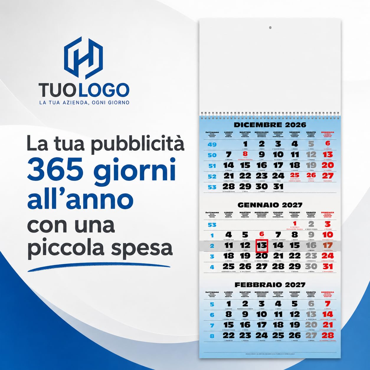 Calendari Personalizzati 2027 in Stock da 50 Pezzi Olandese Trittico Maxi 31x69 cm per Gadget Pubblicitari di Fine Anno e come Omaggio per i Clienti o Regali Aziendali | PA508