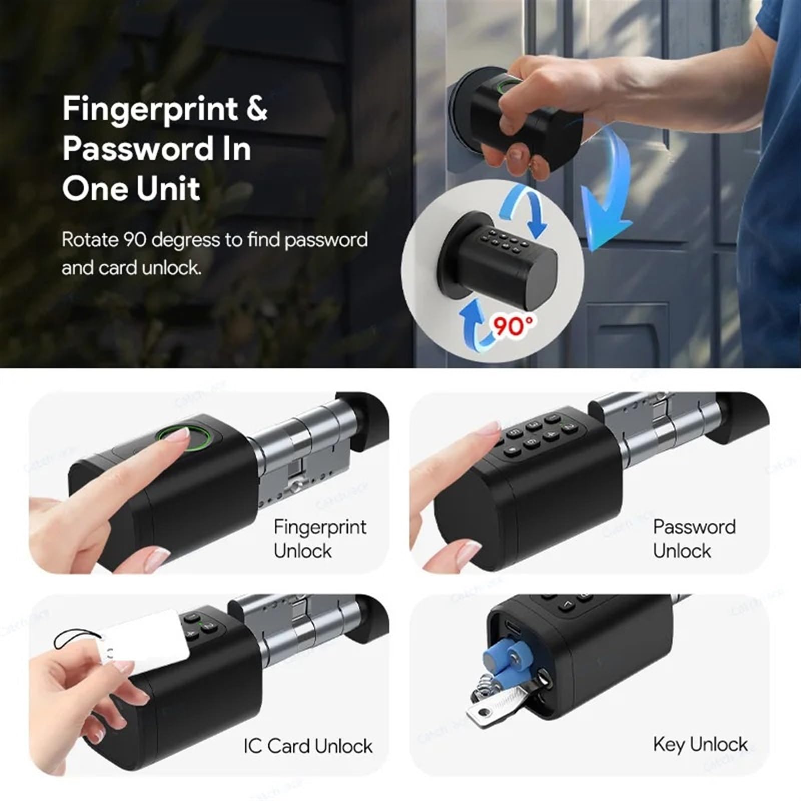 Smart Lock, Regulowane hasło odcisków palców Cyfrowa karta RFID Cylinder Inteligentny zamek do drzwi do hotelu domowego(Nero)
