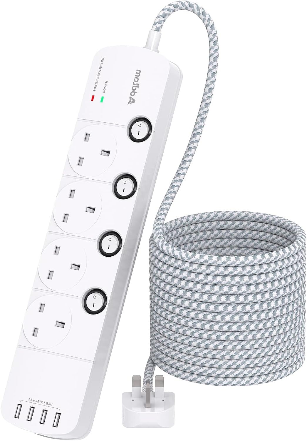 Addtam 5M Extension Lead with USB Slots, 4 Way Power Strip with 4 USB Ports, 1050J Surge Protection, Braided Extension Cord, Individual Switches, Multi Plug Extension for Home and Office