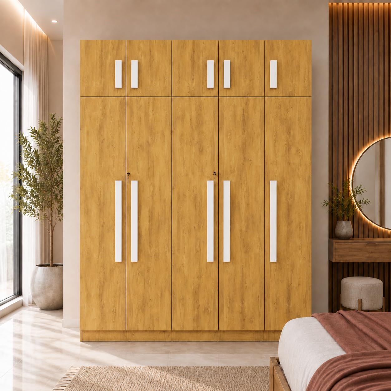 Bniture 5 Door Wardrobe for Bedroom with Overhead Loft Storage & Lockable Door | Engineered Wood Almirah for Clothes with Hanging Space | Wooden Wardrobe for Storage | 3 Yrs Warranty | Giant Wood