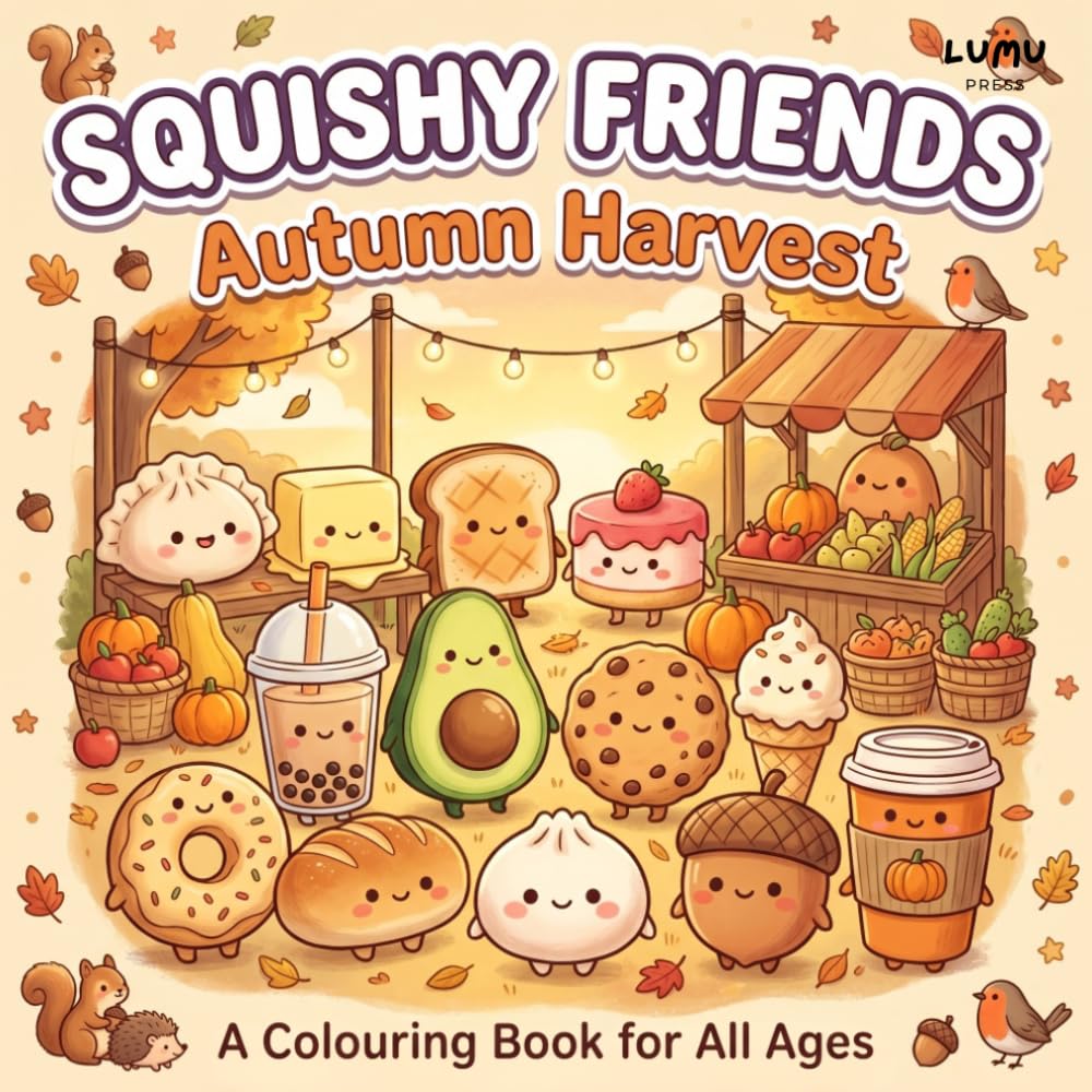 Squishy Friends: Autumn Harvest: A Cosy Kawaii Autumn Fall Colouring Book Featuring Cute Squishy Characters - Dumpling, Boba Tea, Cookie, Acorn and ... and Adults (Squishy Friends: Colour & Squish)