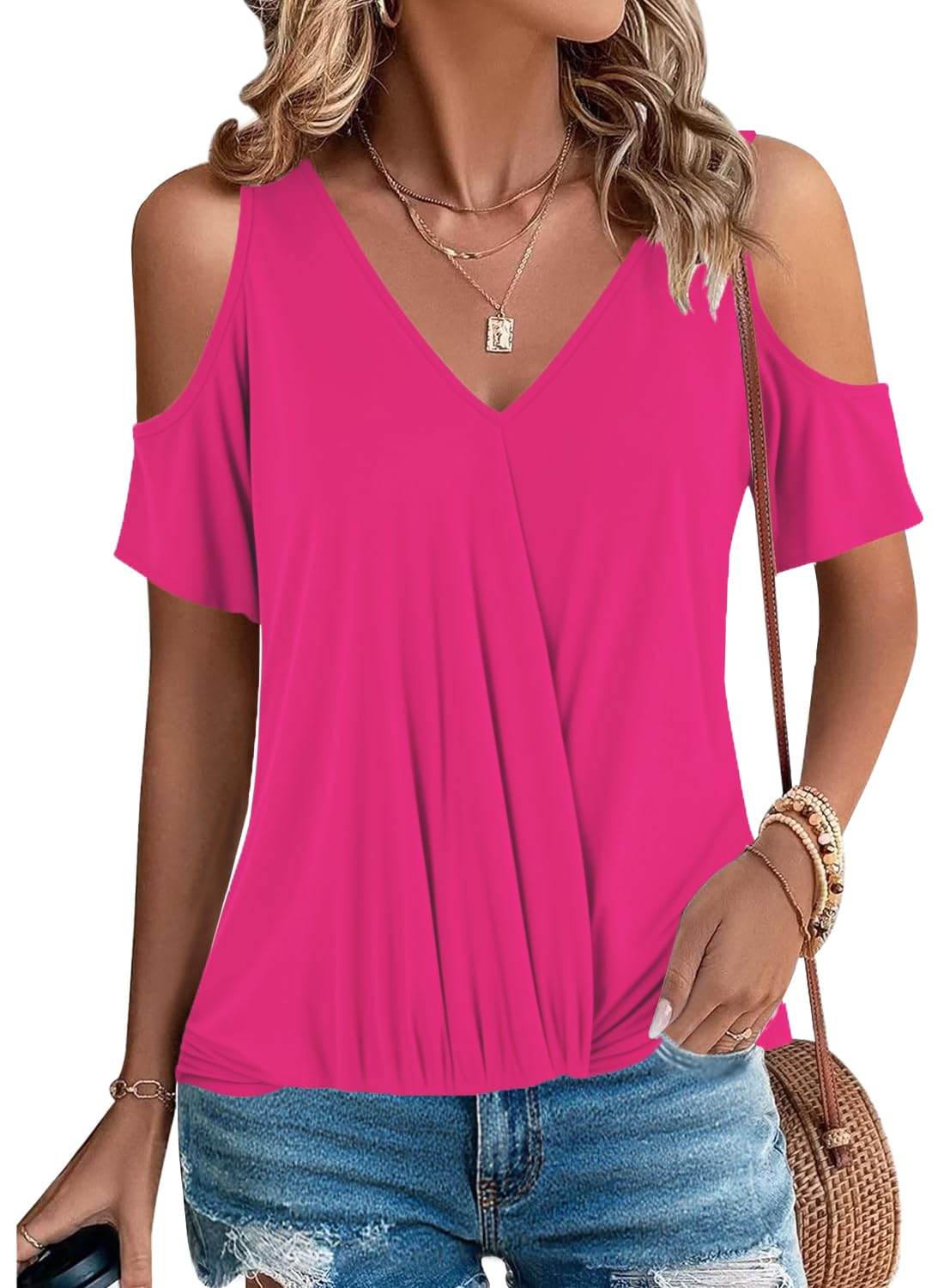 LEIYEE Womens Summer Cold Shoulder Tops Sexy Casual Short Sleeve V Neck Cute Front Knot Ruched Shirred T Shirt Blouse