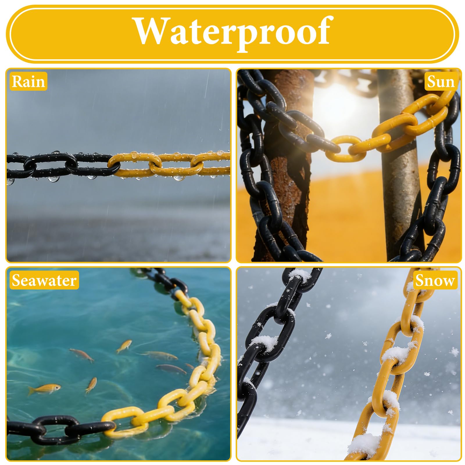 CYEER Catena di sicurezza in metallo (5 mm di spessore) – Catena in acciaio a righe giallo-nero – Robusta catena di sicurezza per parcheggio, cantiere, magazzini e industrie, resistente alle