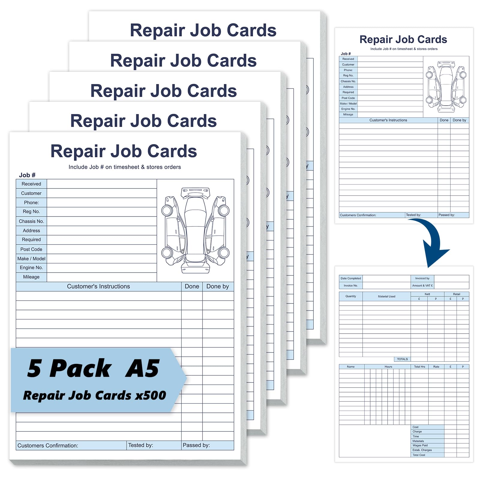 5 Pack Repair Job Cards x100 Garage Workshop Time Cards A5 Garage Repair Book Garage Job Sheets Pad Works Cards Two Sided with Car Image for Garages Car Service Centres