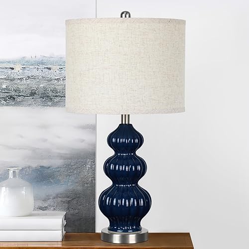 Miniatura 2 de Lámpara de mesa de cerámica de 25 pulgadas, color azul marino, triple calabaza, lámpara de mesa moderna para dormitorio, sala de estar, bombilla