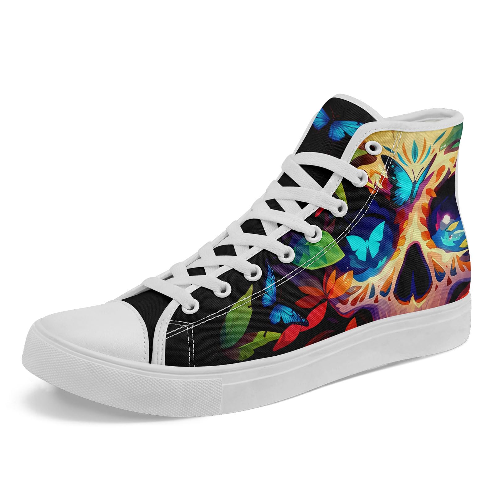 AWSOLE Gothic Skull High Top Canvas Sneakers for Men Women Butterflies Flames Flower Vivid Lace up Flat Casual Walking Shoes