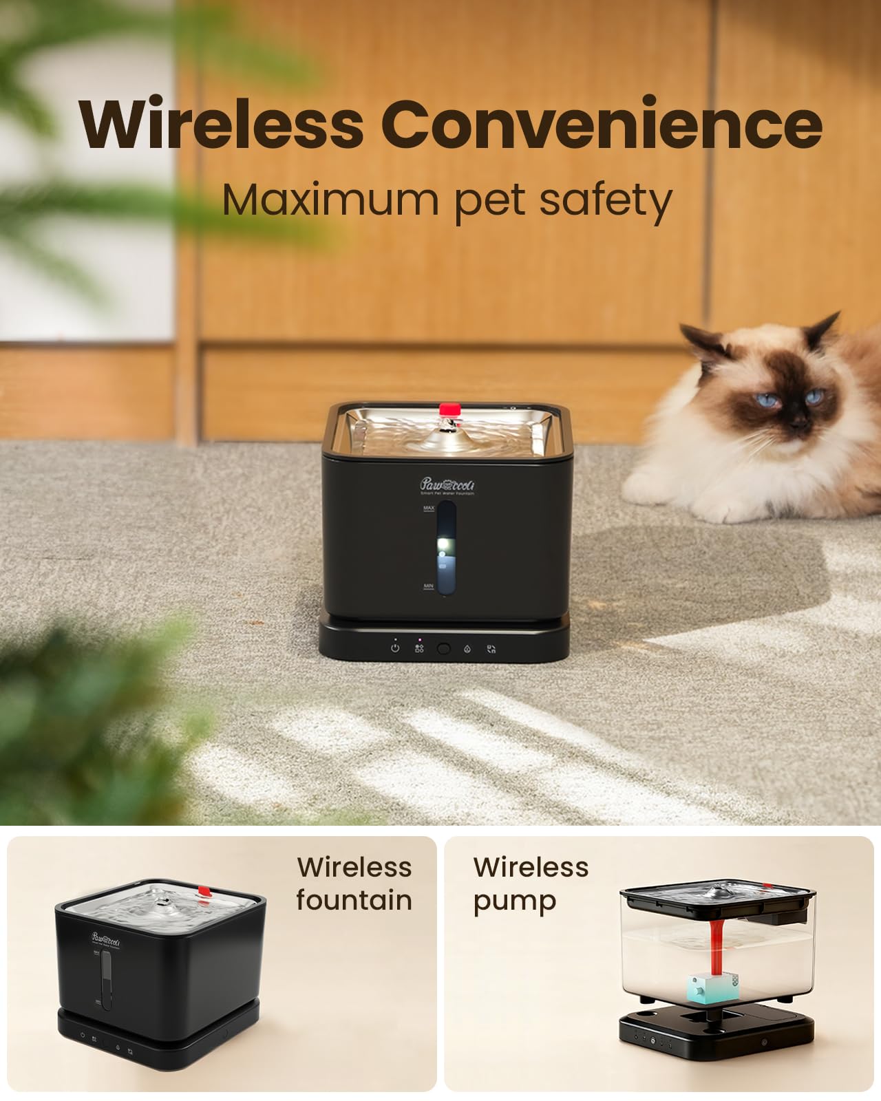 Cordless Cat Water Fountain, 3L/100oz Stainless Steel Tray, Cat Fountains for Drinking, Pet Water Fountains Indoor, Automatic Dog Water Bowl Dispenser, Rechargeable Battery Operated Black - image 2