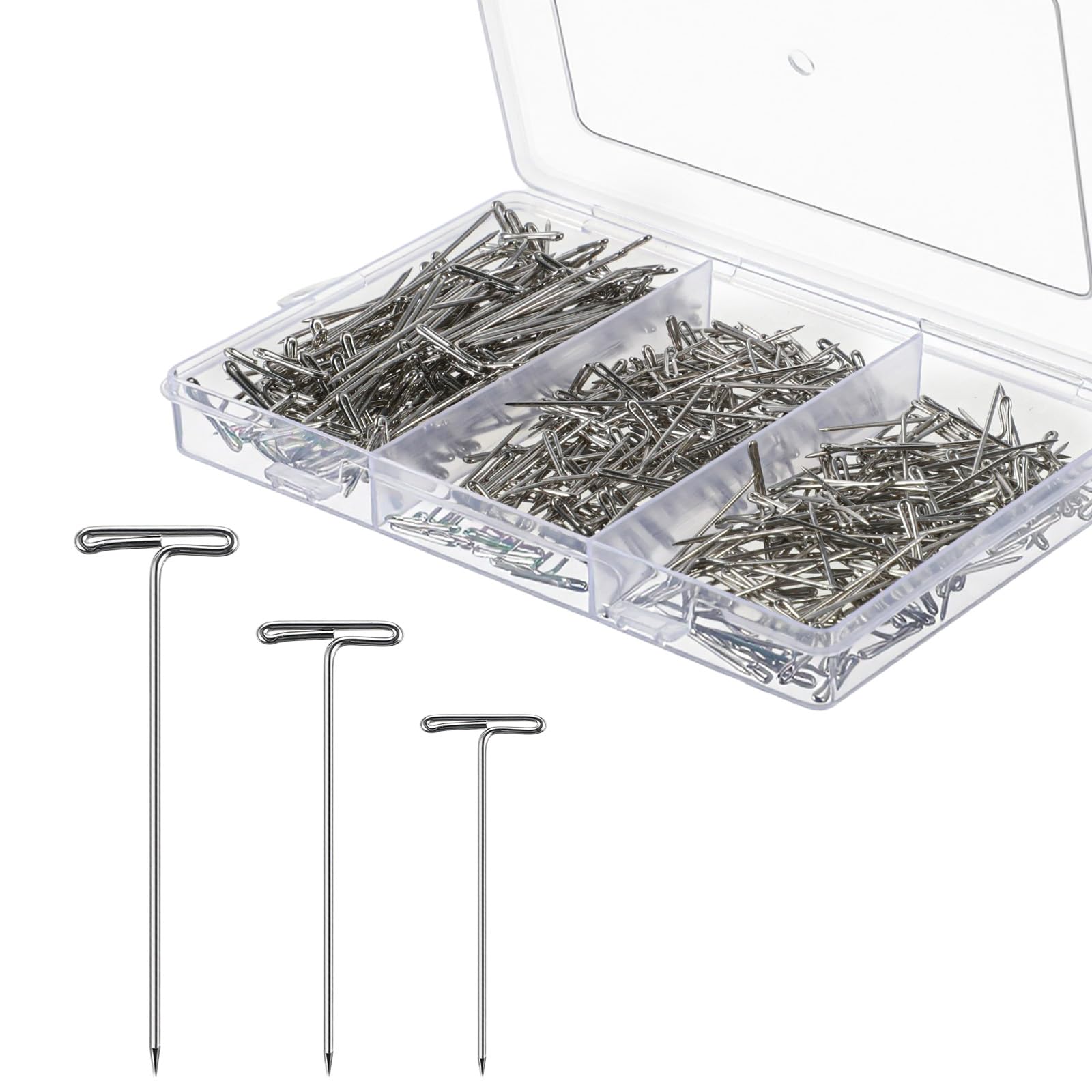 Nogeqi 300 Pcs T Pins, Stainless Steel T-Pins for Wigs, Wig Pin for Foam Head, Blocking Knitting, Straight Pin Multi-Use T-Pin for Sewing, Craft, Quilting and Office Wall (25mm, 32mm, 46mm)