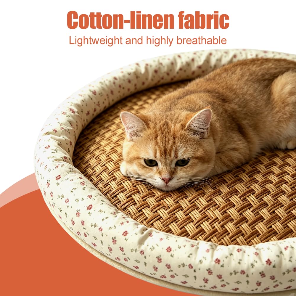 Kühlmatte für Katzen, 38cm Rundes Haustierbett aus Rattan, Atmungsaktives Sommer-Schlafkissen mit Blumenmuster, Rutschfestes Baumwoll-Leinen Hundebett