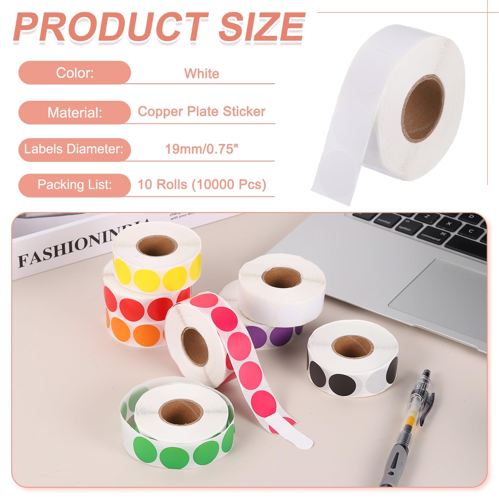 PATIKIL 10000Pezzi 10 Rotoli Adesivi A Punti Colorati 0.75" Bianco