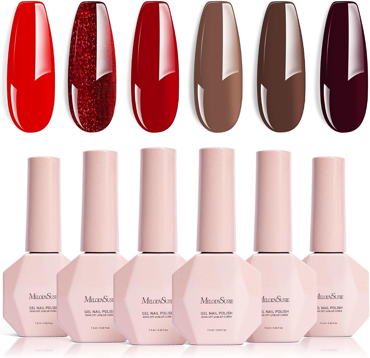 Red Brown Gel Nail Polish Set - 6 Colors Burgundy Red Glitter Beige Brown Soak Off UV LED Gel Polish Gift for Women Nail Art Manicure Salon DIY Nail Design Decoration at Home