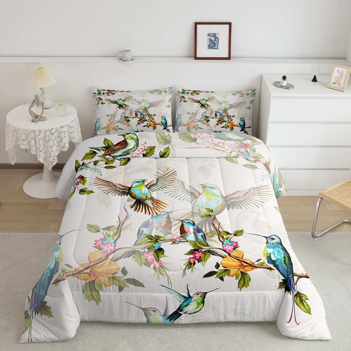Erosebridal Birds Comforter Set Queen Hummingbird Bedding Set Blue Green Spring Wild Animals Botanical Down Comforter Farmhouse Nature Spring Wildlife All Season Duvet Insert for Women Girls