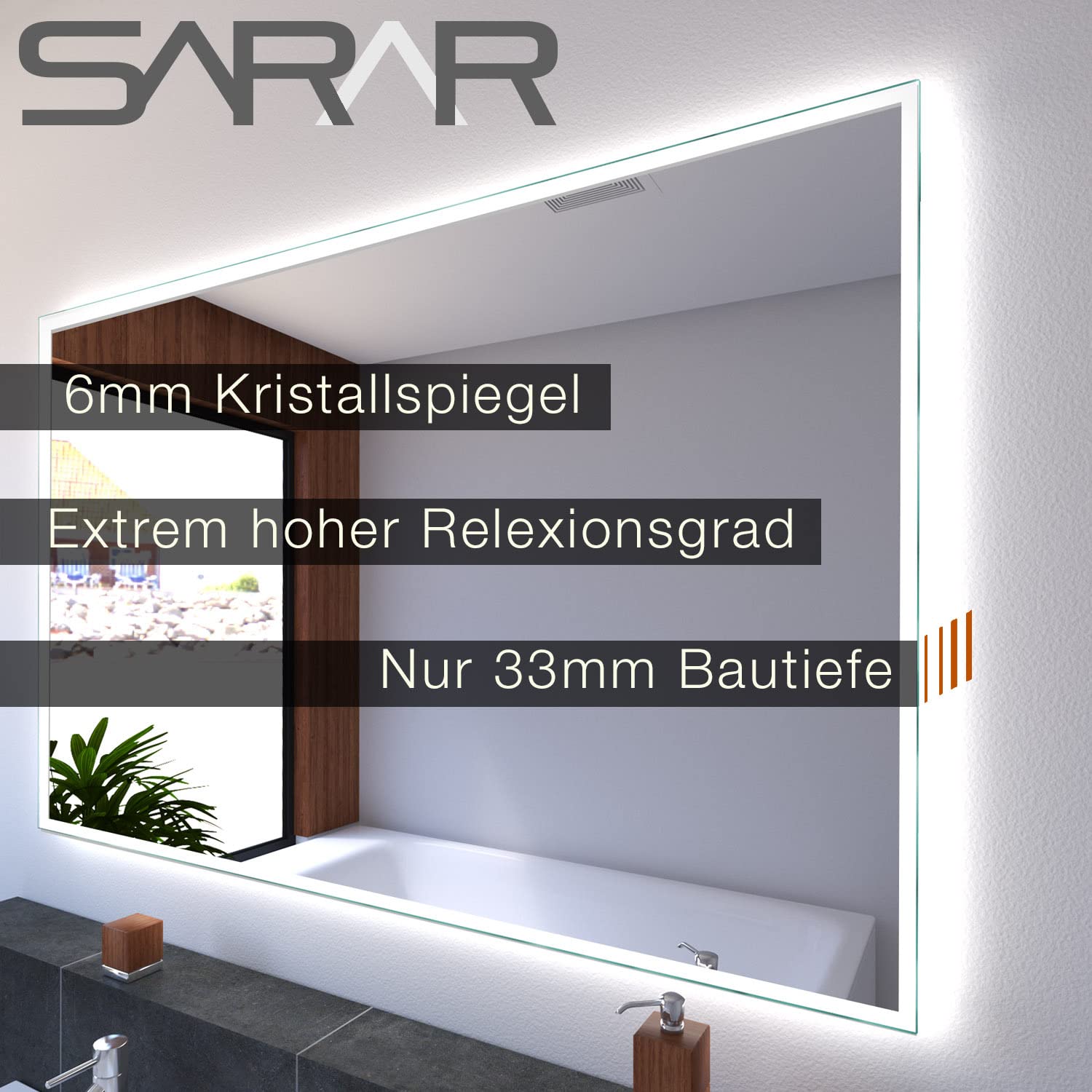 SARAR Badspiegel mit schmaler rundum LED-Beleuchtung 90x70cm Made in Germany Designo MA4111 Wandspiegel Spiegel mit Beleuchtung Badezimmerspiegel nach-auf Maß