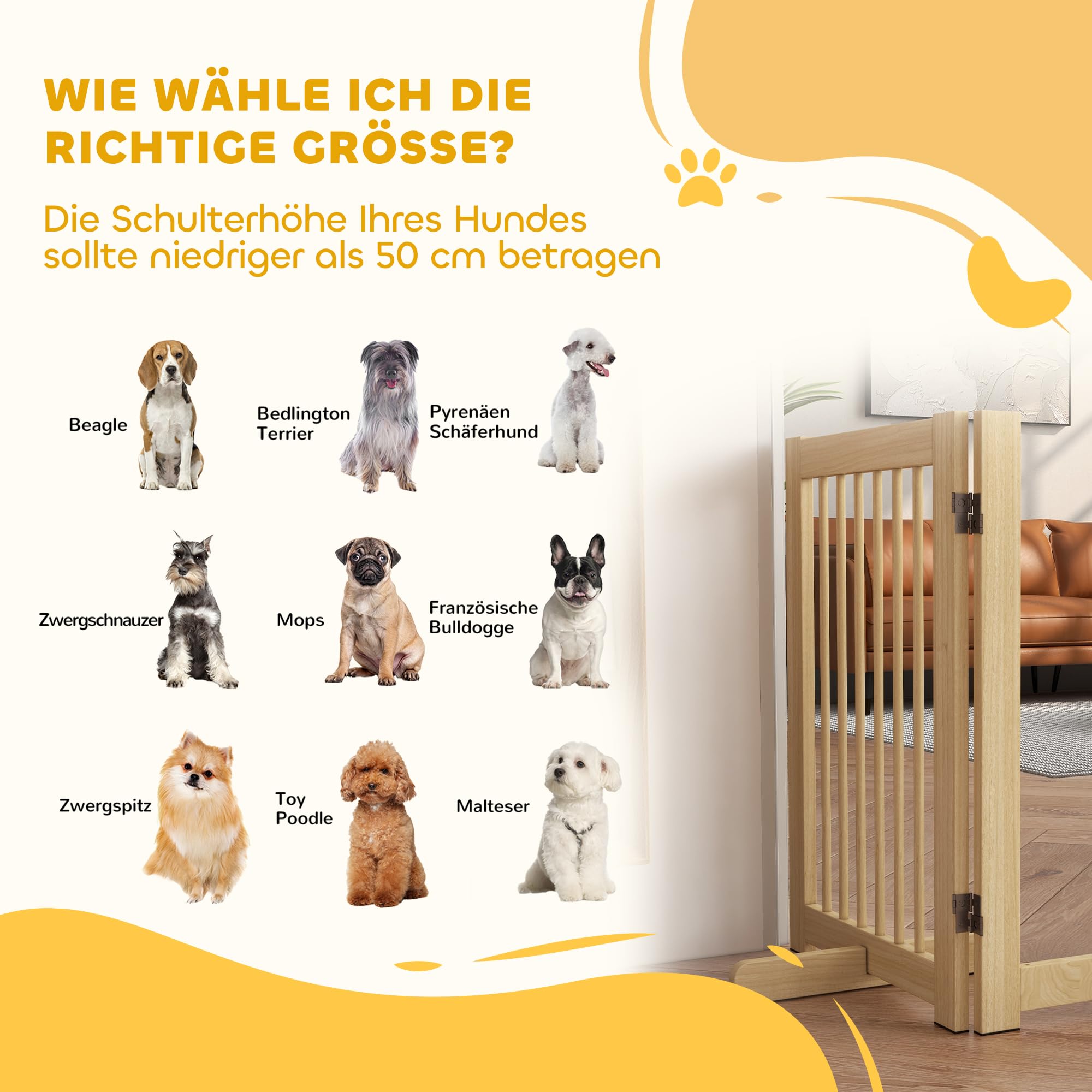 PawHut Absperrgitter Hund Freistehendes Schutzgitter mit Füßen 204 x 75 cm Holz Hundegitter Treppenschutzgitter Türschutzgitter Treppengitter für Treppen, Türen, Küche, Flur, 4 Paneelen, Natur