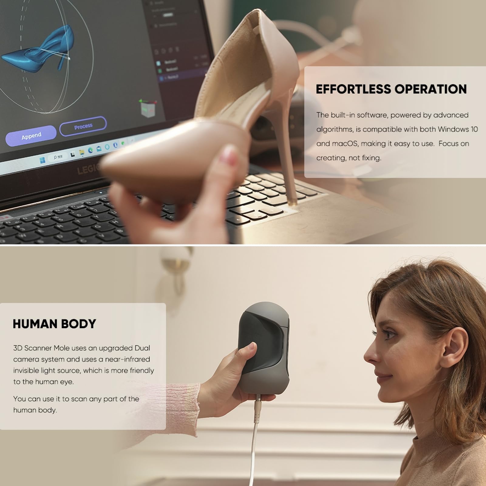Scanner 3D Portable pour imprimante 3D, précision de 0,05 mm, résolution de 0,1 mm, numérisation d'objets Noirs 10 FPS avec lentilles Anti-secousses, Couleurs et Textures