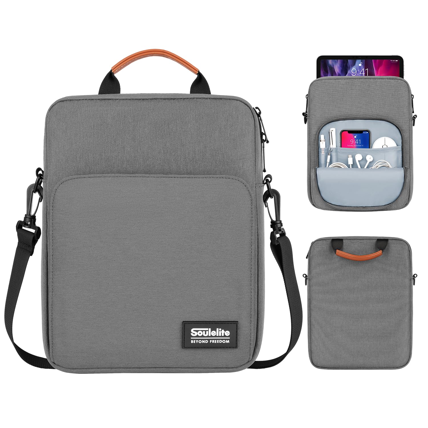 Soulelite 9-11 Inch Tablet Sleeve Bag Laptop Bag Portable Tote for 2019-2023 ipad, ipad air, Galaxy s8 a7 - Waterproof Oxford Fabric, Adjustable Straps, Multiple Compartments - Gray