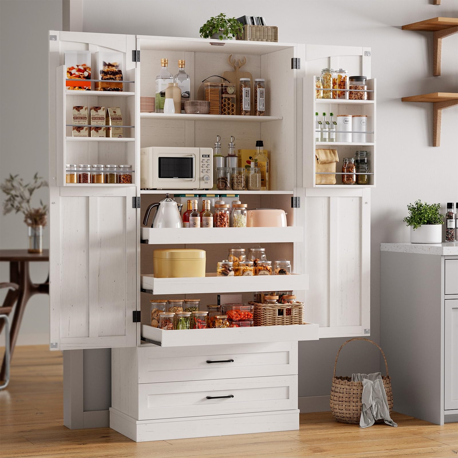 71" tall farmhouse kitchen pantry cabinet with 3 pull out shelves & 2 large drawers, pantry storage cabinet with 6 door shelves & adjustable shelf, freestanding pantry for kitchen, dining room