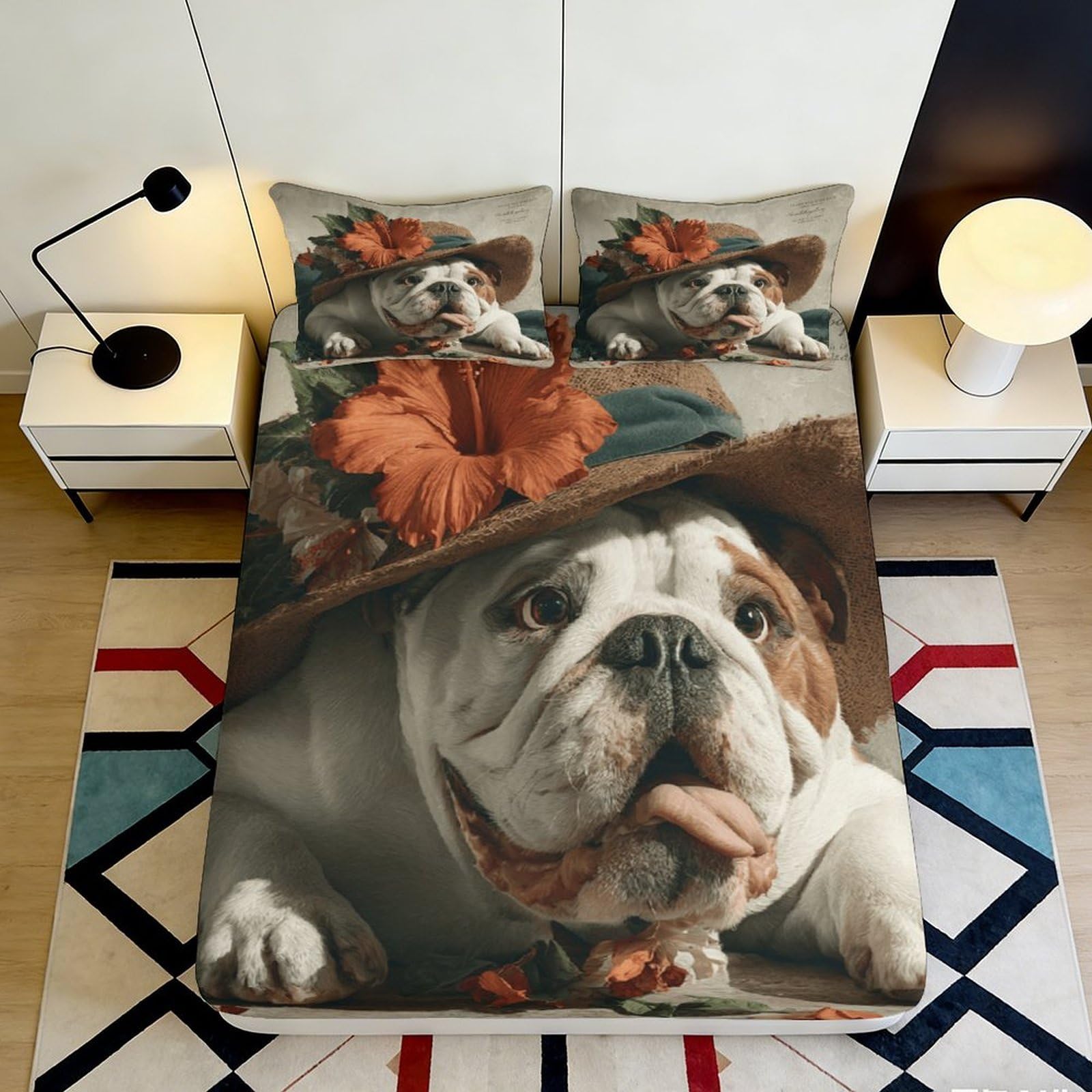 3D Printed Bulldog Hat Fitted Sheet Microfiber Soft Durable Orange Flower Bed Cover for Bedroom Dormitory Guest Room Mattress Protection 180x200x25cm