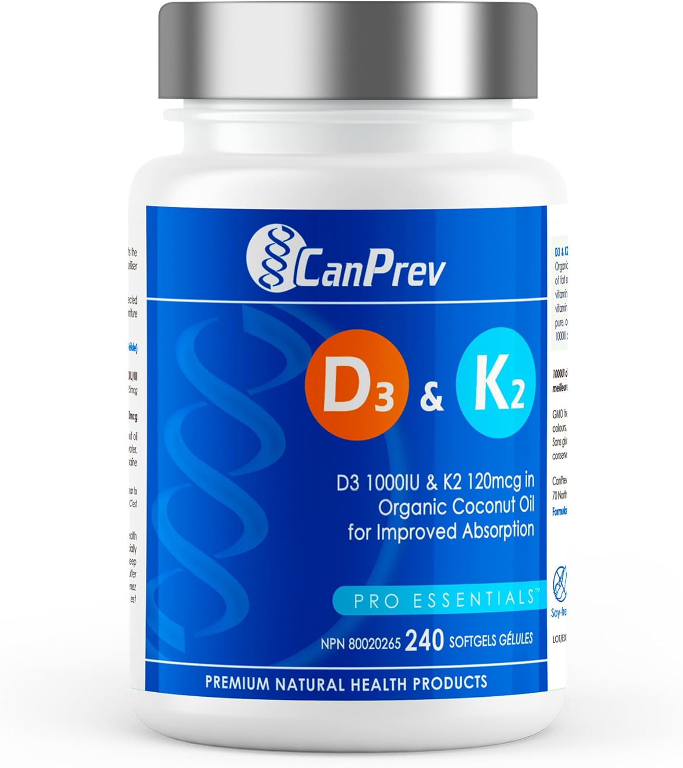 CanPrev – D3 & K2 Vitamin Supplement 240 Softgels 240-Day Supply, K2 MK7 Cholecalciferol Vitamin D3 Supplement, Organic Coconut Oil for Improved Absorption – Helps Build & Maintain Teeth & Bone Health