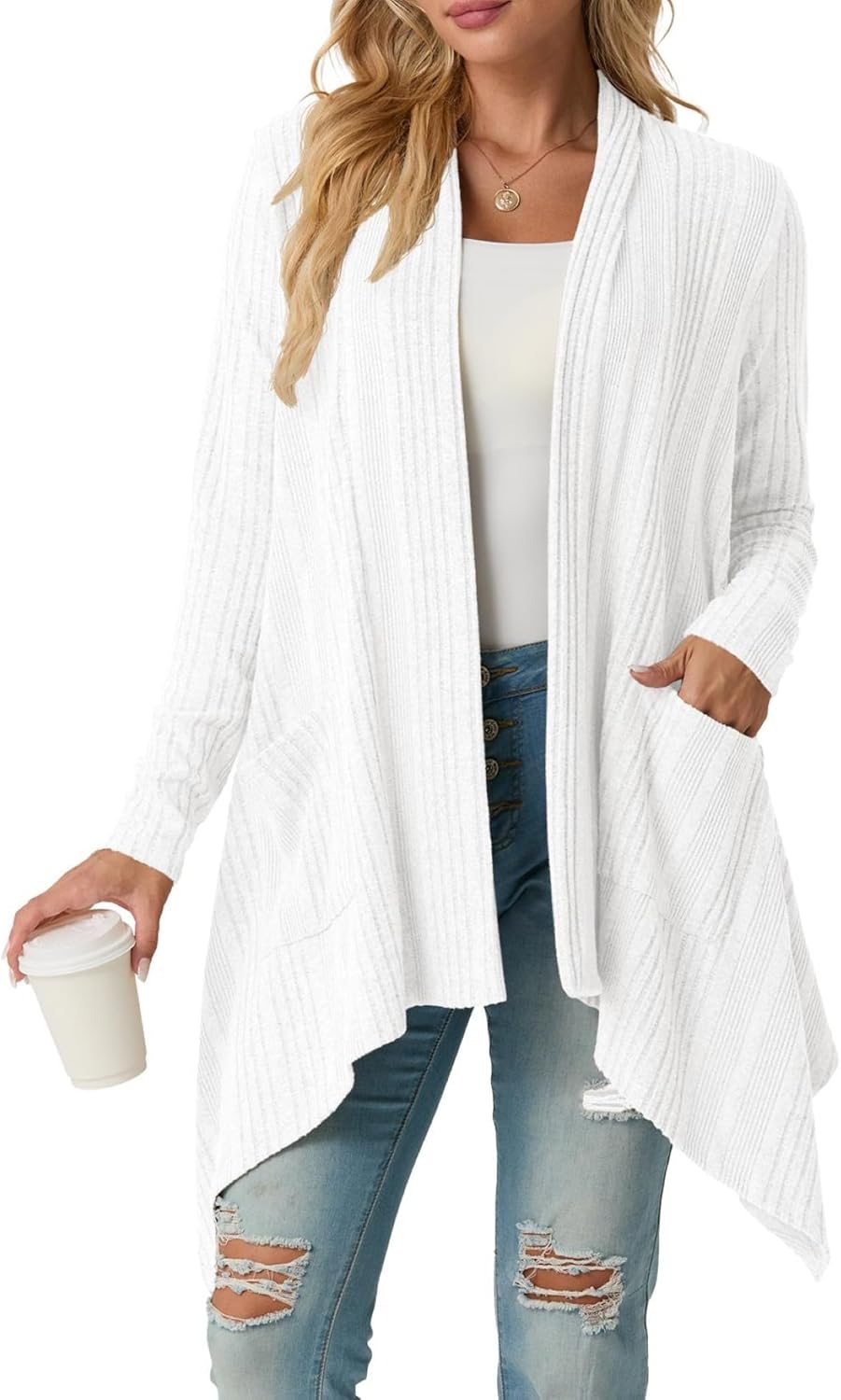 GRECERELLE Women's Long Sleeve Lightweight Draped Open Front Casual Cardigan Sweater with Pockets (S-2XL)