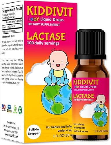 Kiddivit Baby Lactase Drops 1000 unidades - Suplemento enzimático de apoyo digestivo suave - 100 porciones diarias - Gotero integrado, botella de