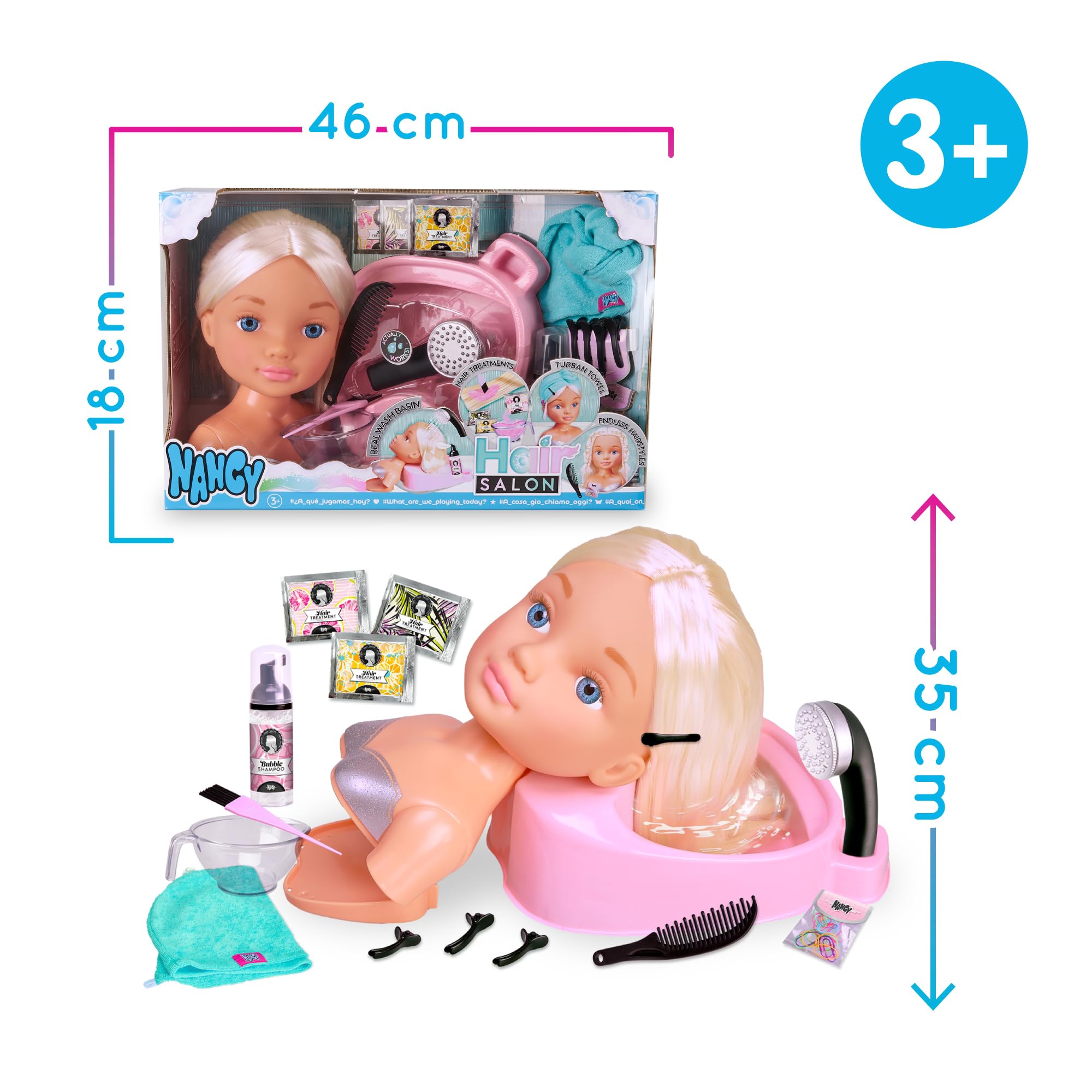 Nancy Hair Salon, Testa capelli biondi, lavatesta che funziona per davvero, accessori per poter creare acconciature, per bambine/I da 3 anni, Famosa (NACB3000)