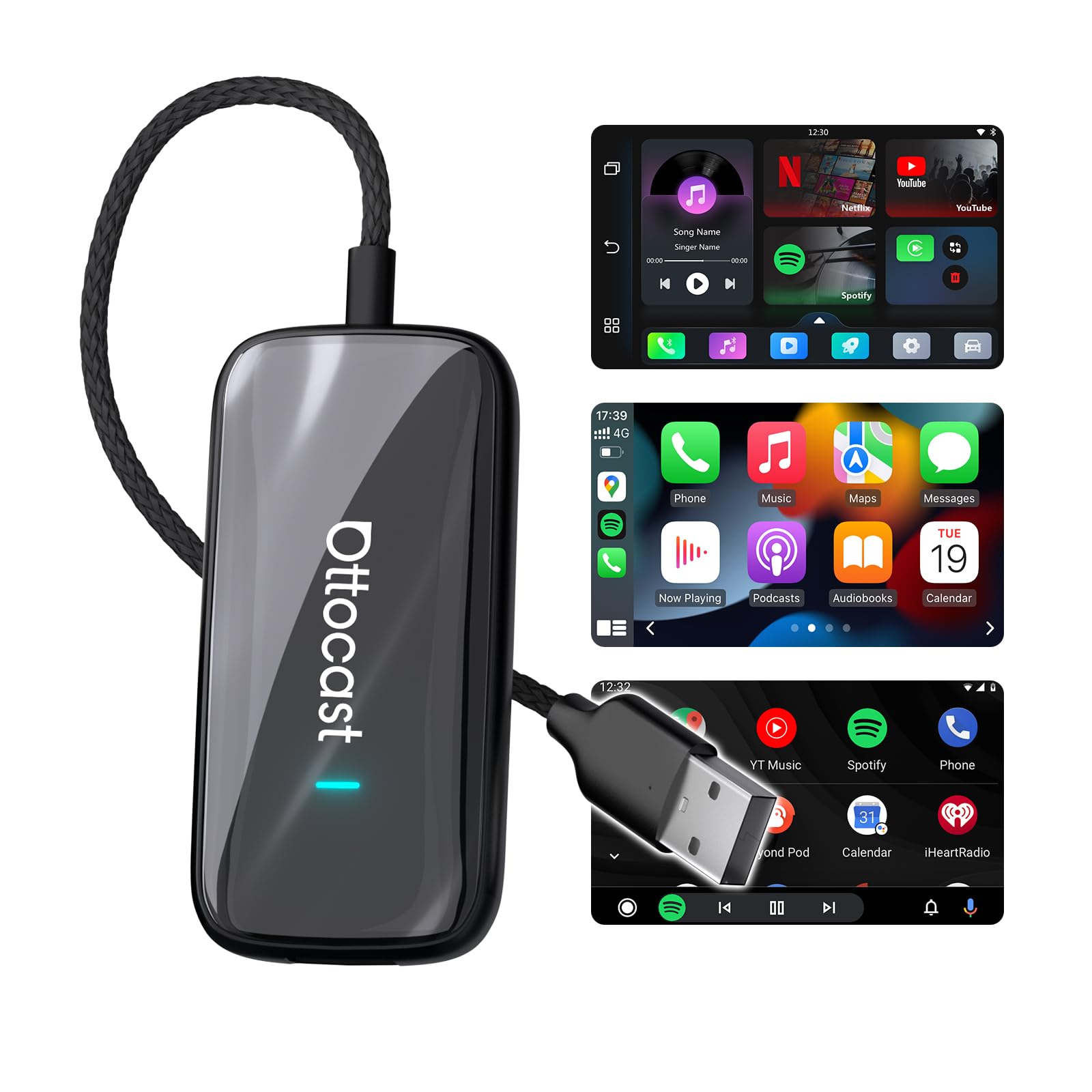 [Nuevo Modelo 2026] OTTOCAST Adaptador CarPlay y Android Auto Inalámbrico | 3 en 1 Caja AI Play2Video Ultra, Mira Netflix/YouTube en el Auto, Baja Latencia, Actualiza de Cableado a Inalámbrico