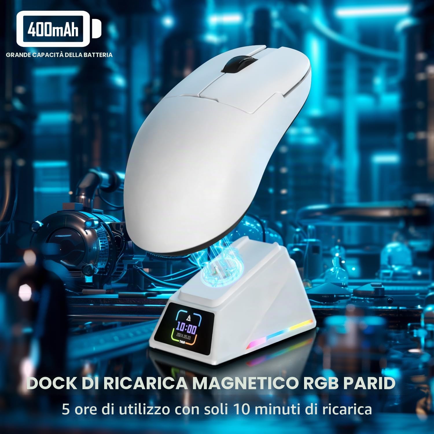 AJAZZ AJ159 APEX Mouse da Gioco Wireless 8K, dock di Ricarica Magnetico con Screen, Sensor Pixart PAW3950, 42K DPI, 56g Ultralight, HUANO Switch da 100 Milioni di Clic, Tri-Mode, per PC/MAC(Bianco)