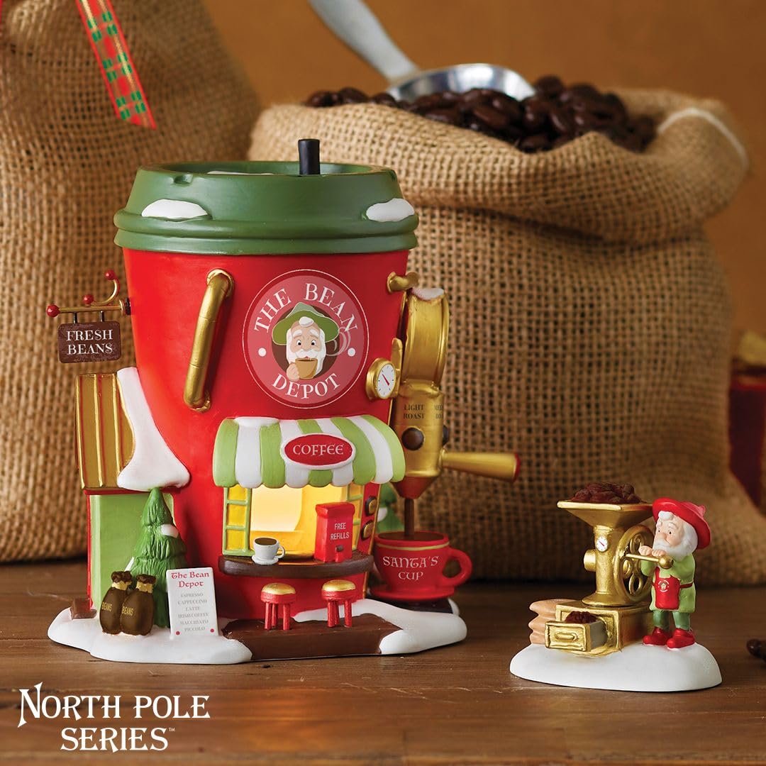 Department 56 North Pole Village Collection The Bean Depot Espresso Company Lit Building- Hand Crafted Painted Porcelain Coffee Shop Christmas Village Houses with Lights Home Decor Buildings, 5.5 Inch