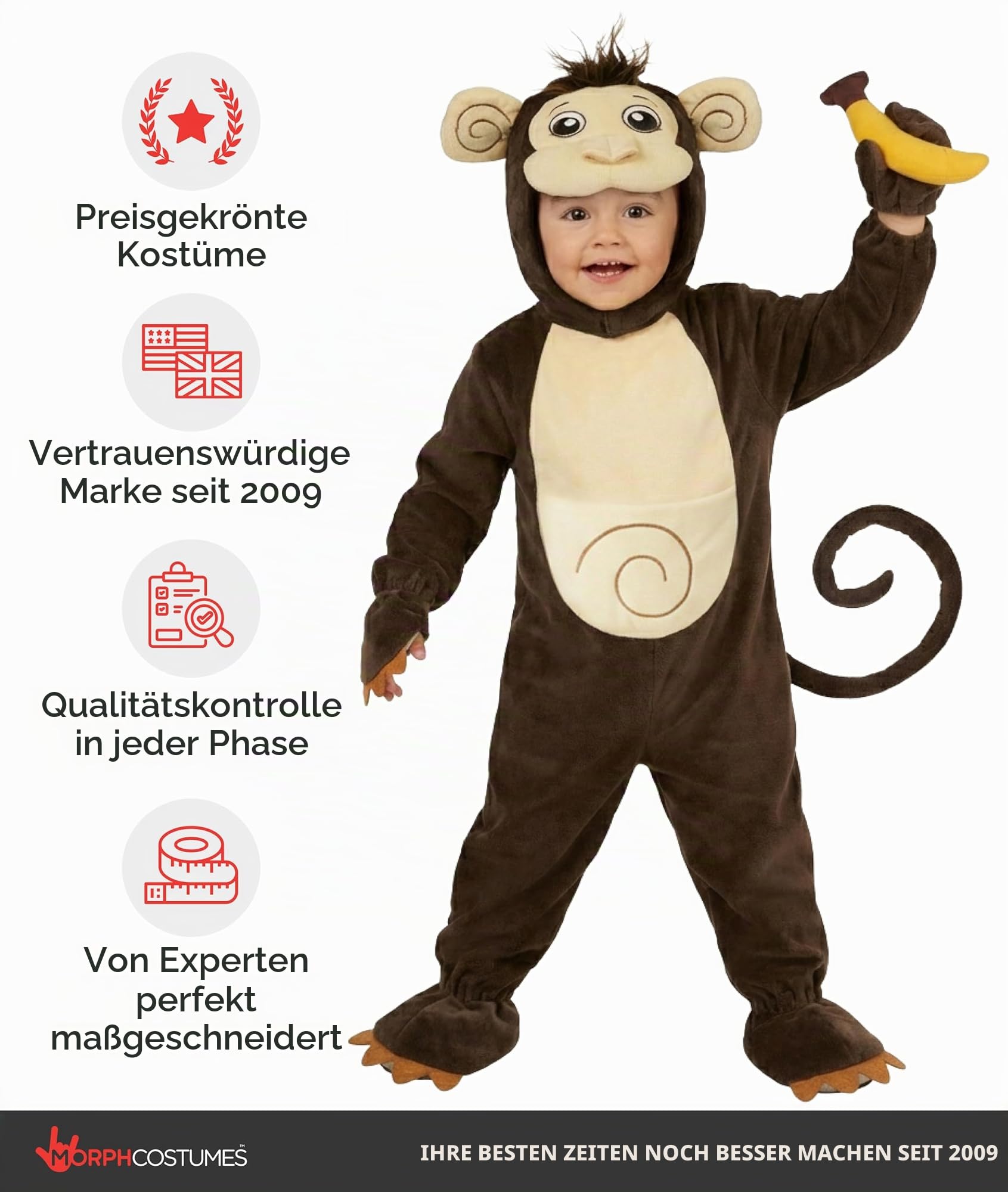Morph Affen Kostüm Kinder, Tierisches Halloween Kostüm Kinder | Plüsch-Body, Kapuze, Schwanz & Plüsch-Banane, Braun, Zum Überziehen, Perfekt für Halloween, Ideal für Rollenspiele
