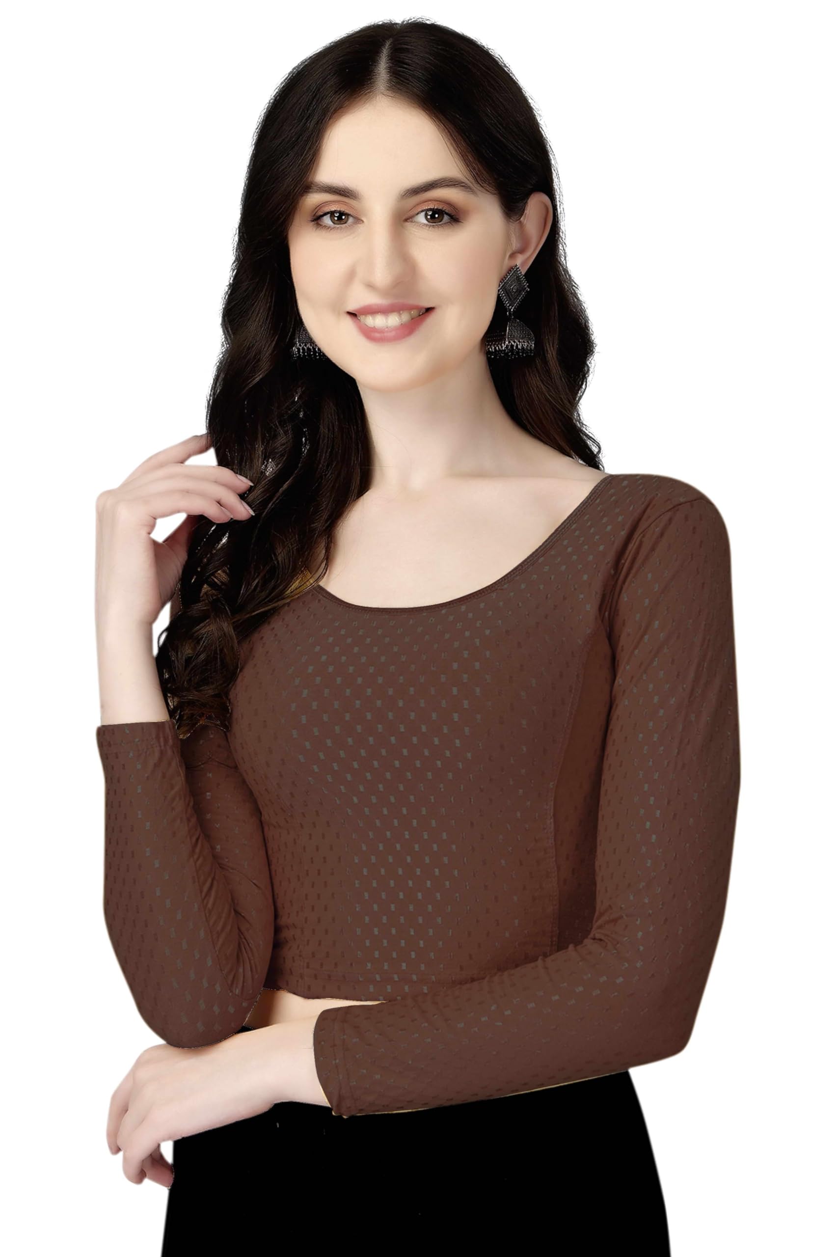 Shiv Textiles Round Neck Dobby Cotton Lycra Stretchable Elbow Sleeve Readymade Saree Blouse For Women Stylish (Brownfree Size Full Sleeve)