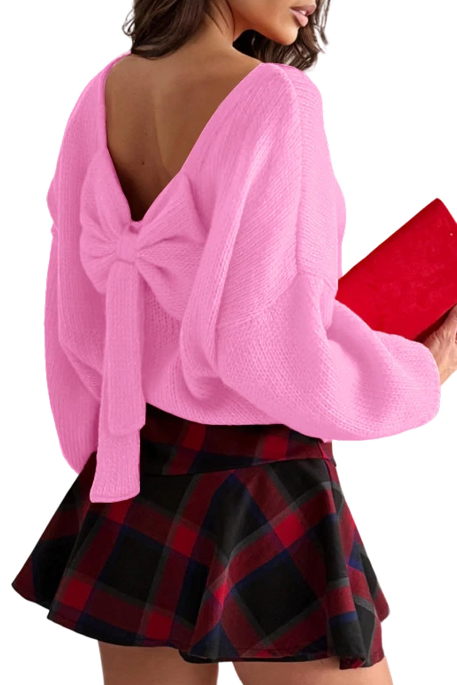 Melliflo Womens Bow Sweater Sexy Bow Backless Ribbed Sweater Tops Elegant Open Back Crewneck Long Puff Sleeve Knit