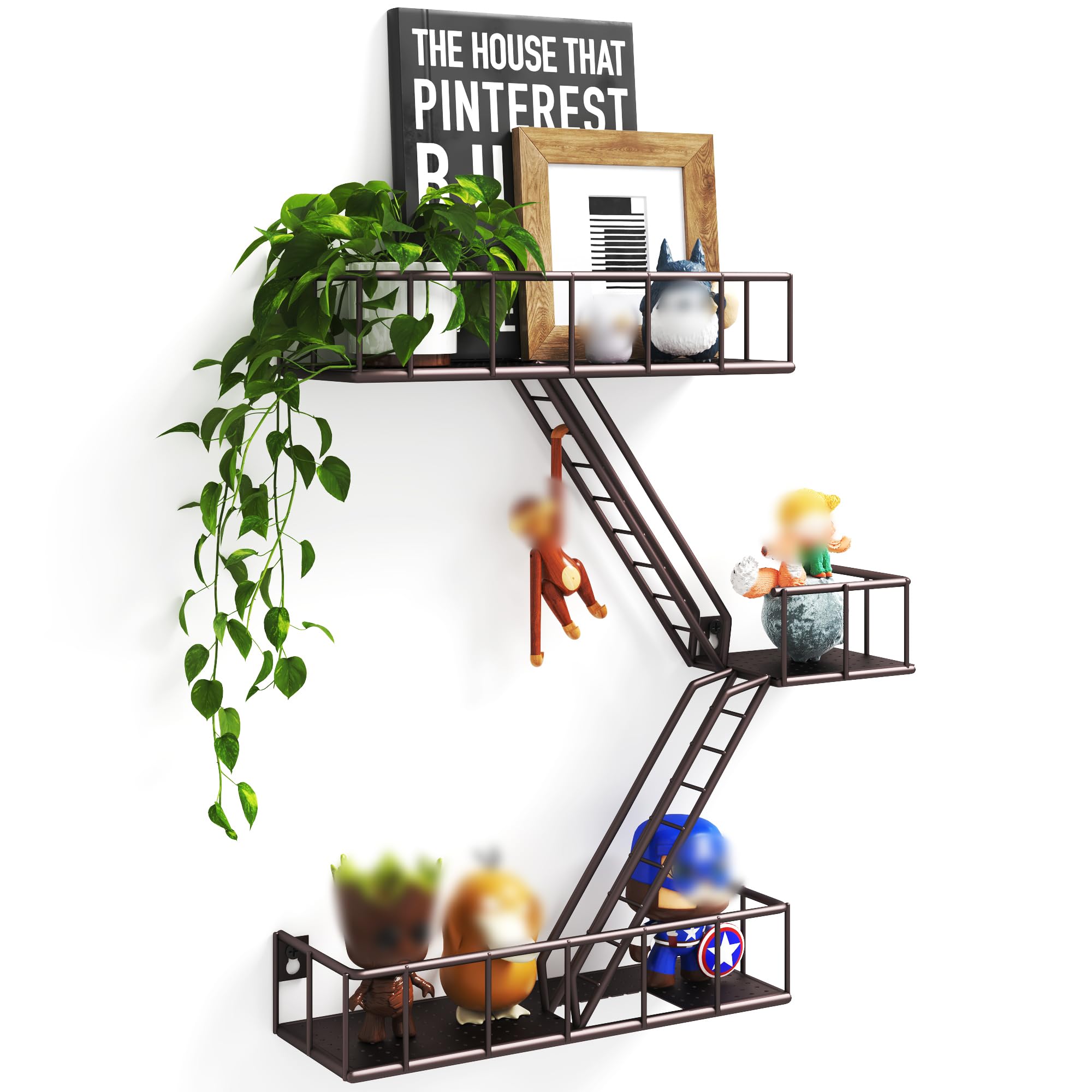 Fire Escape Wall Shelf with Baskets, 3-Tier Metal Fire Escape Ladder Shelf Wall Organizer, New York Inspired Decorative Shelf, Brown Floating Action