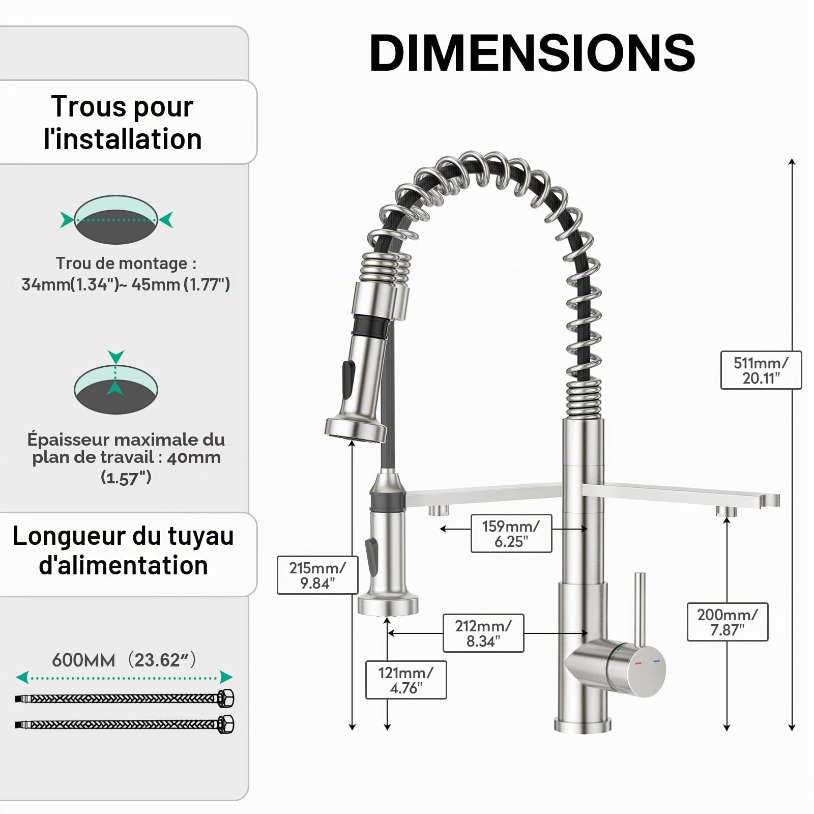 CREA Robinet Évier de Cuisine à 3 Voies avec Douchette Extractible et Rétractab, Mitigeur Monocommande Monotrou avec Systèmes Filtre à eau et d'Osmose, brossé
