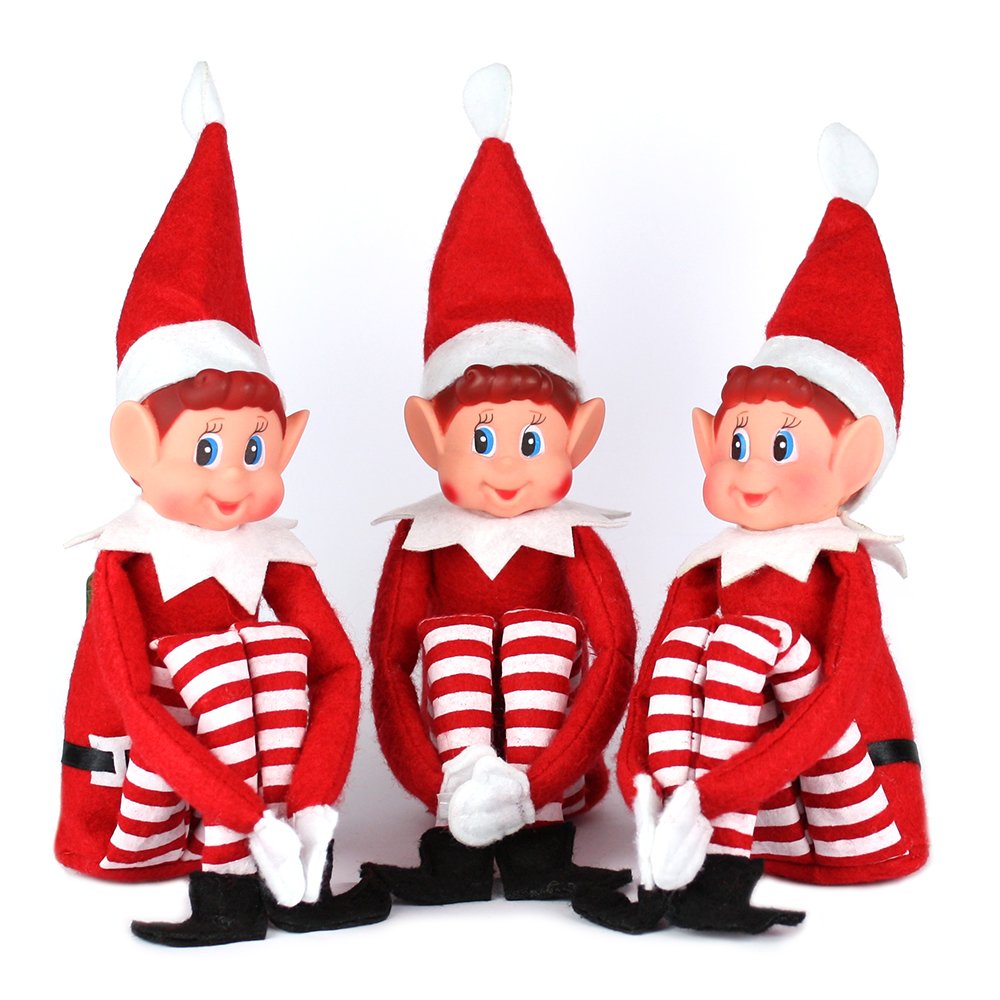 3 x Christmas Elf Soft Toy Smiley Face Sits on Shelf