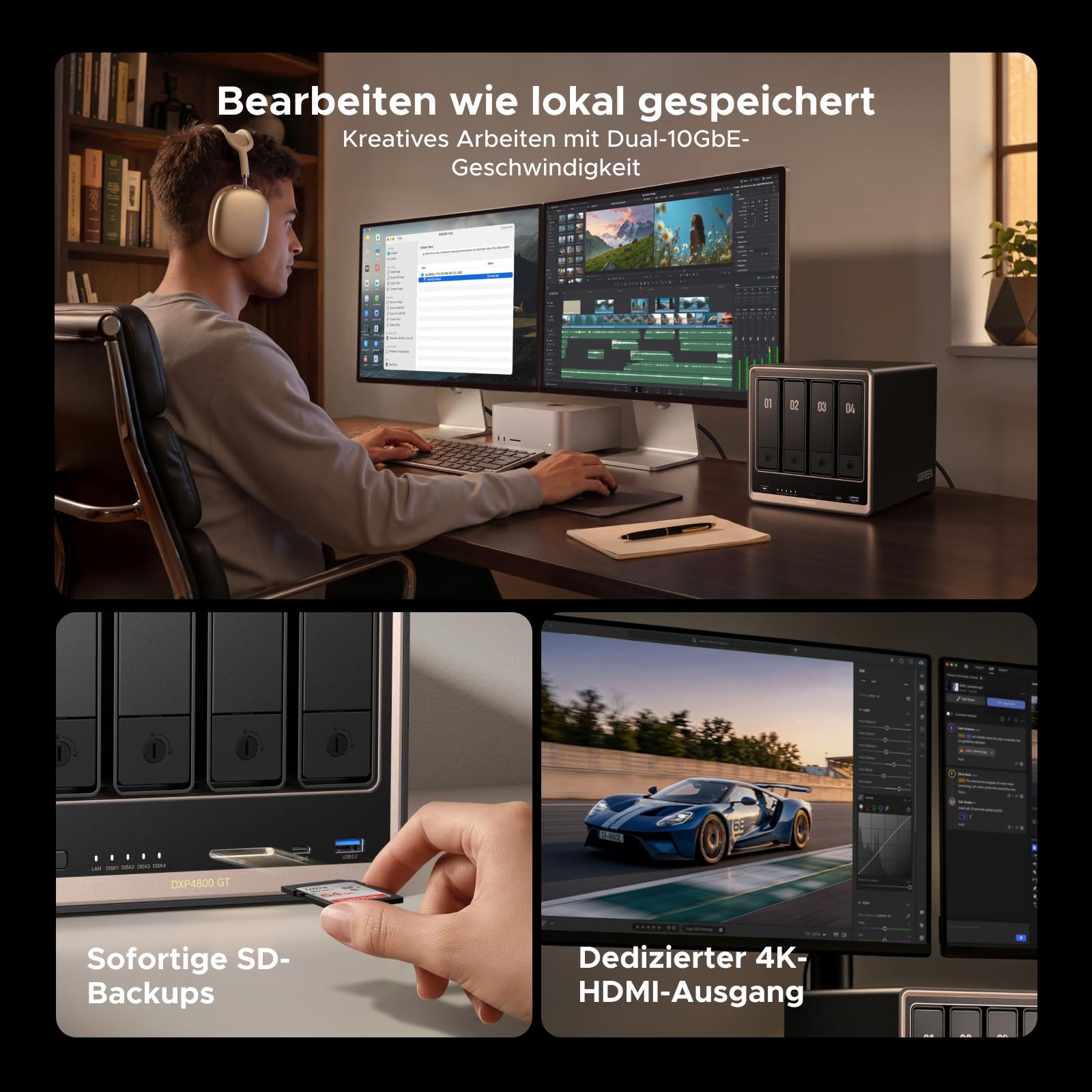 UGREEN NASync DXP4800GT 4-Bay Desktop NAS, AMD Ryzen R2514, Dual 10GbE, 8GB DDR4 RAM (bis 64GB), ECC-Support, U.2 & M.2 Slots, integrierte 128GB SSD, für Creator, Teams & Zuhause, Diskless