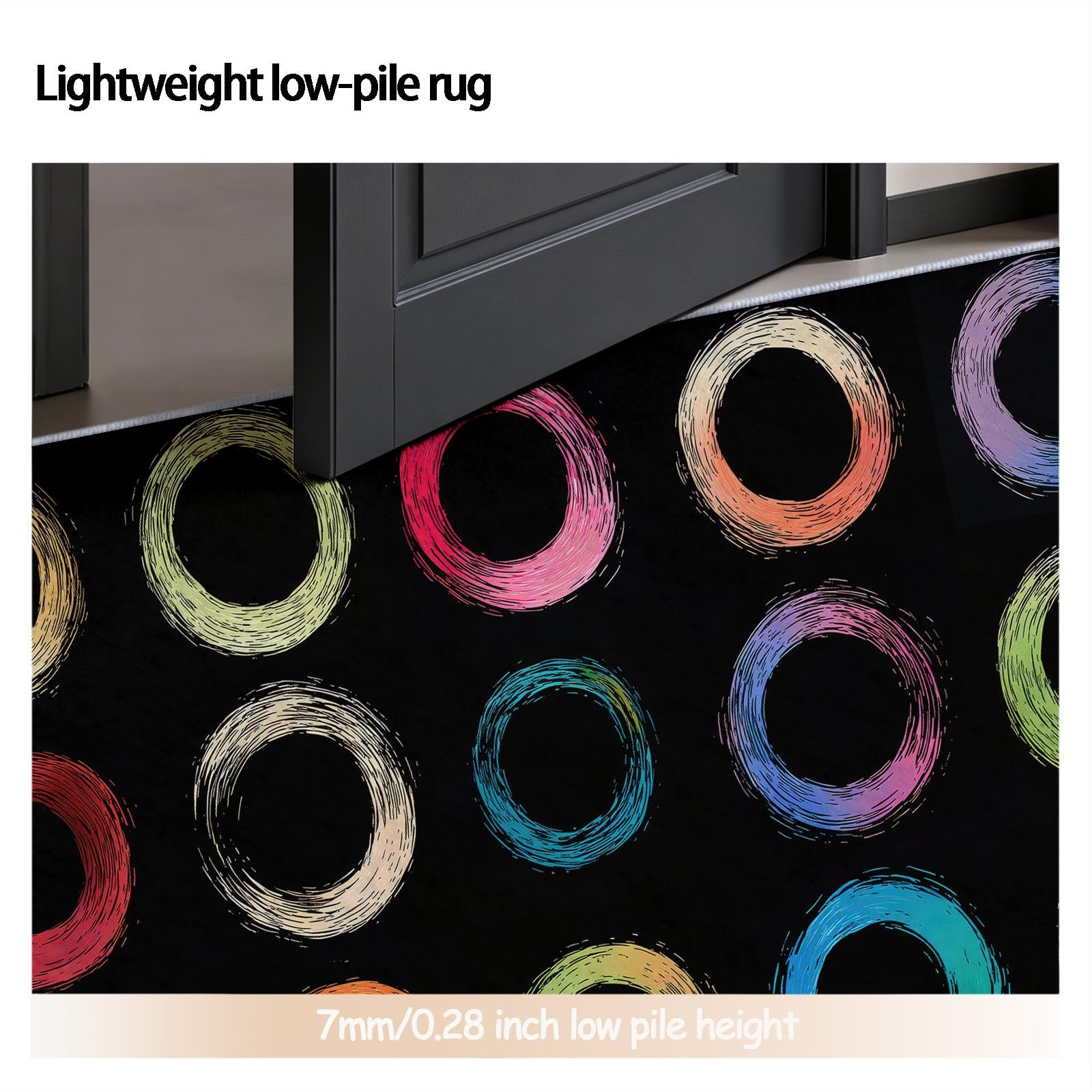 Lavable Tapis 150 cm Rond Intérieur Abstrait Cercle pour Salon, Chambre ou Couloir - Doux et Antidérapant - Moderne Minimaliste Chic Facile à Nettoyer Poil Ras Tapis pour Salle de séjour, Noir