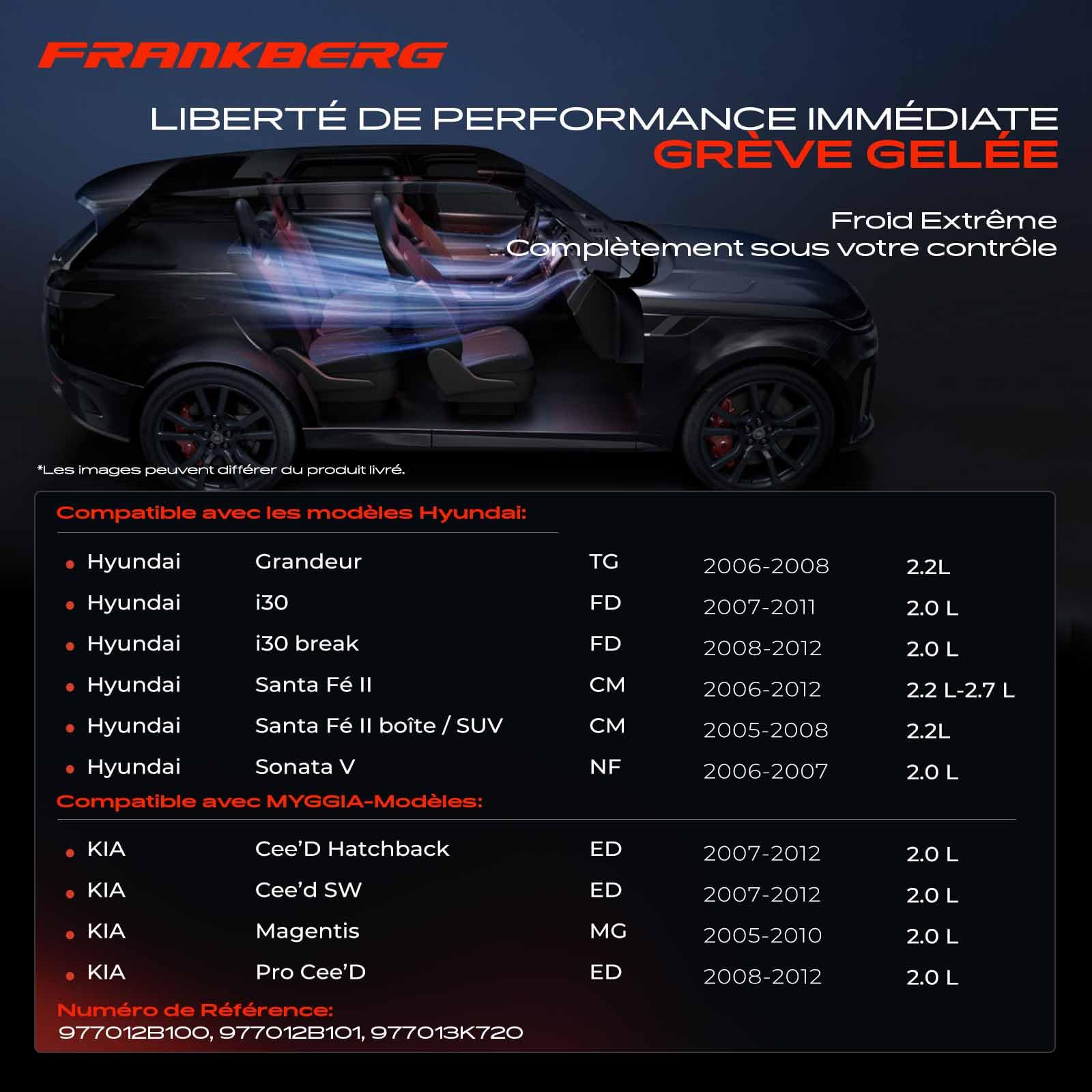 Frankberg Compresseur de climatisation avec embrayage 977012B100 | Compatible avec: Fourgonnette/SUV Santa Fe II CM, Cee'D SW ED, Santa Fe II CM, Magentis M.G, Grandeur TG, i30 Estate FD