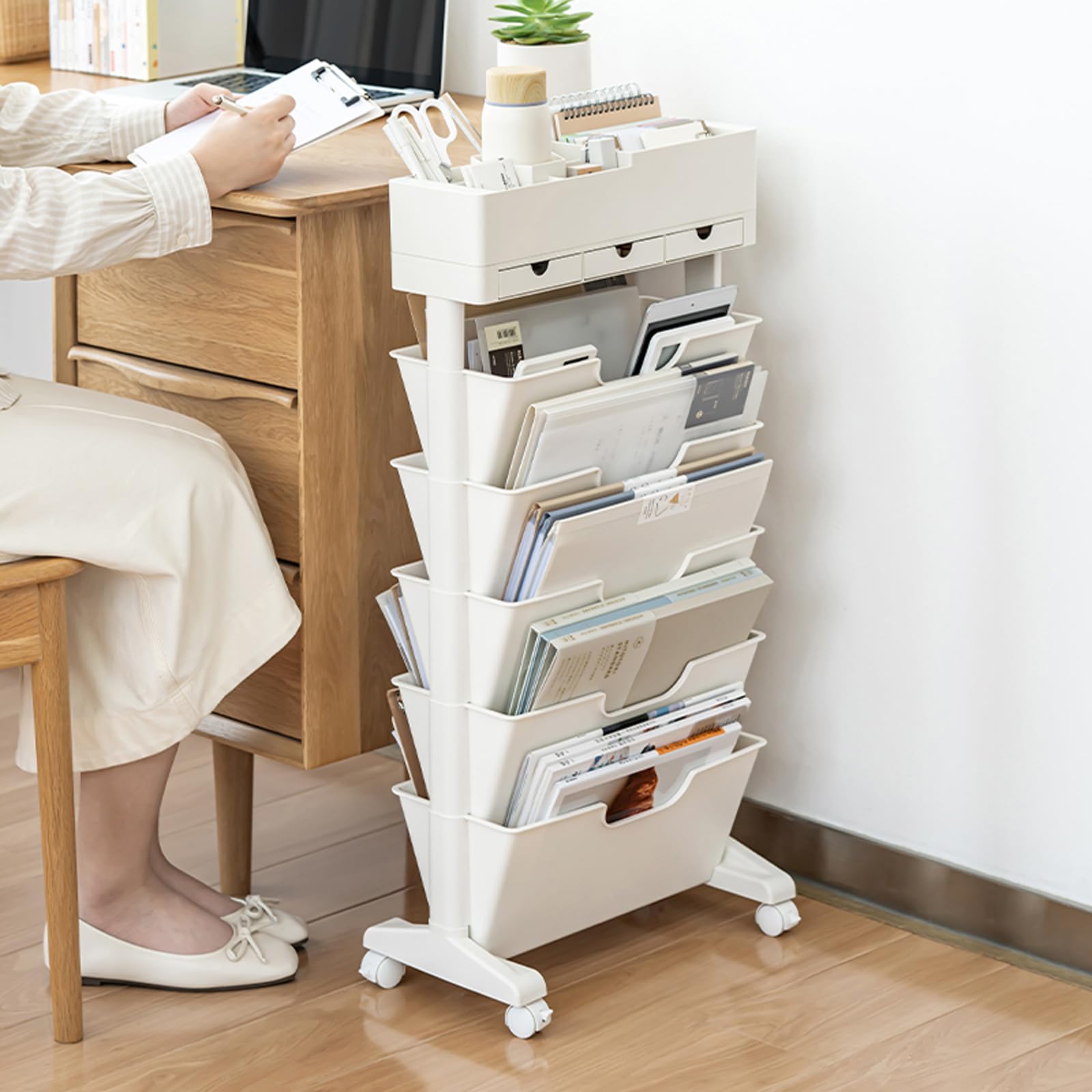 5 Tier Rolling Book Cart Multi-Functional Movable Storage Bookshelves with Lockable Wheels for Study Office Library Classroom, White (Whtie, with